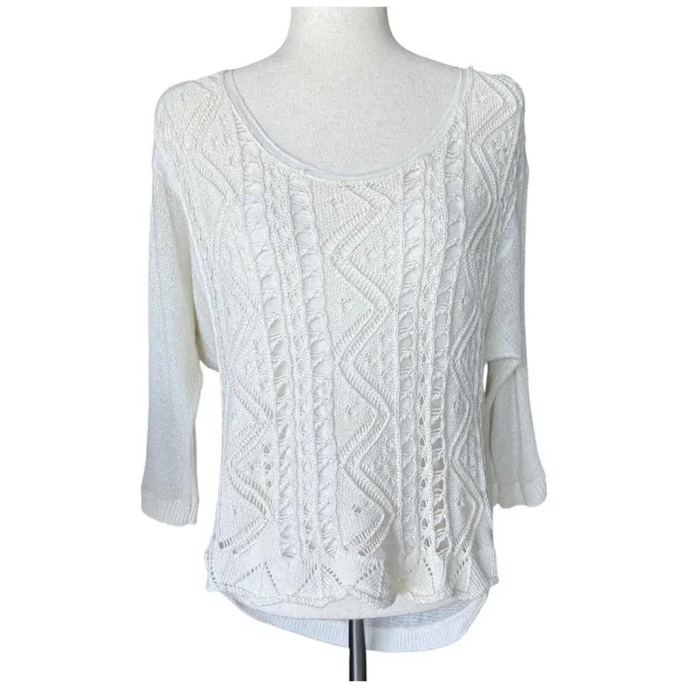 Moth Anthropologie Ivory Textured Knit Pullover Sweater 3/4 Sleeve Size Small